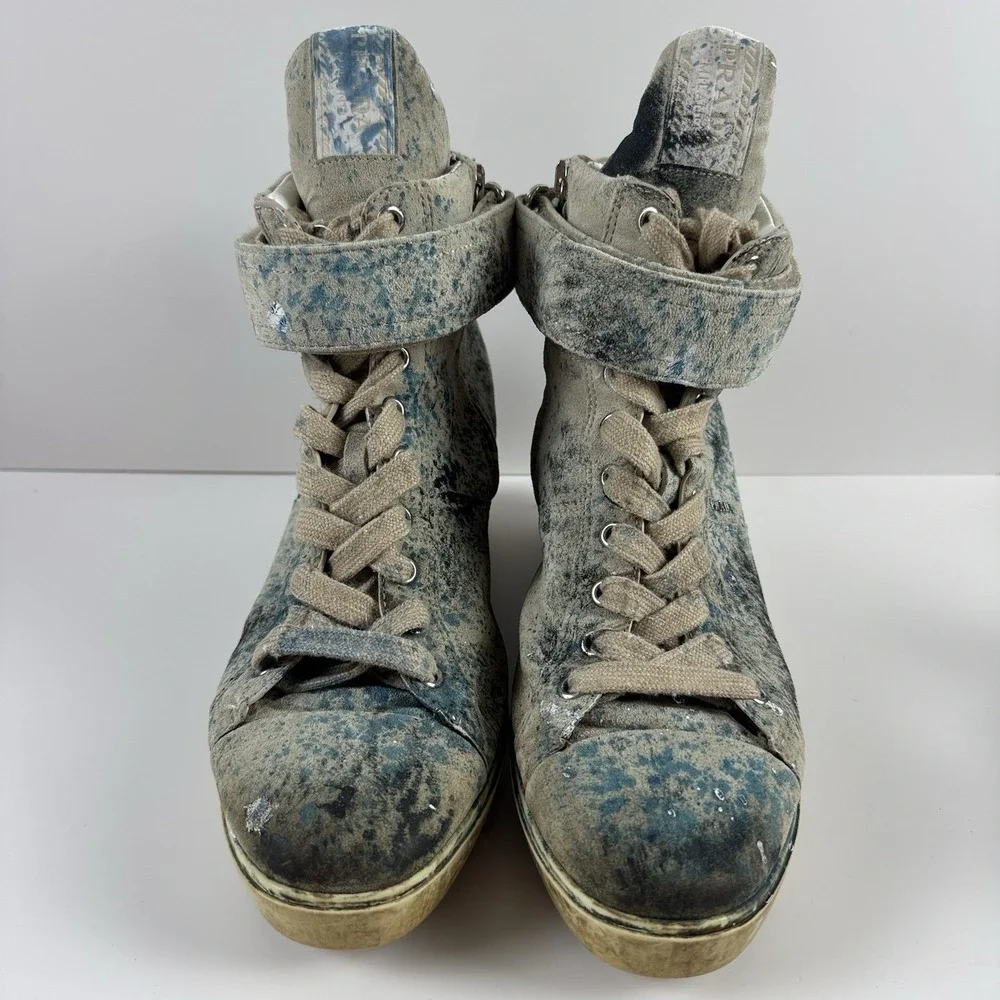Prada Paint Splatter Artsy Wedge Sneakers Shoes Leather‎ High Top EU 37.5 US 7